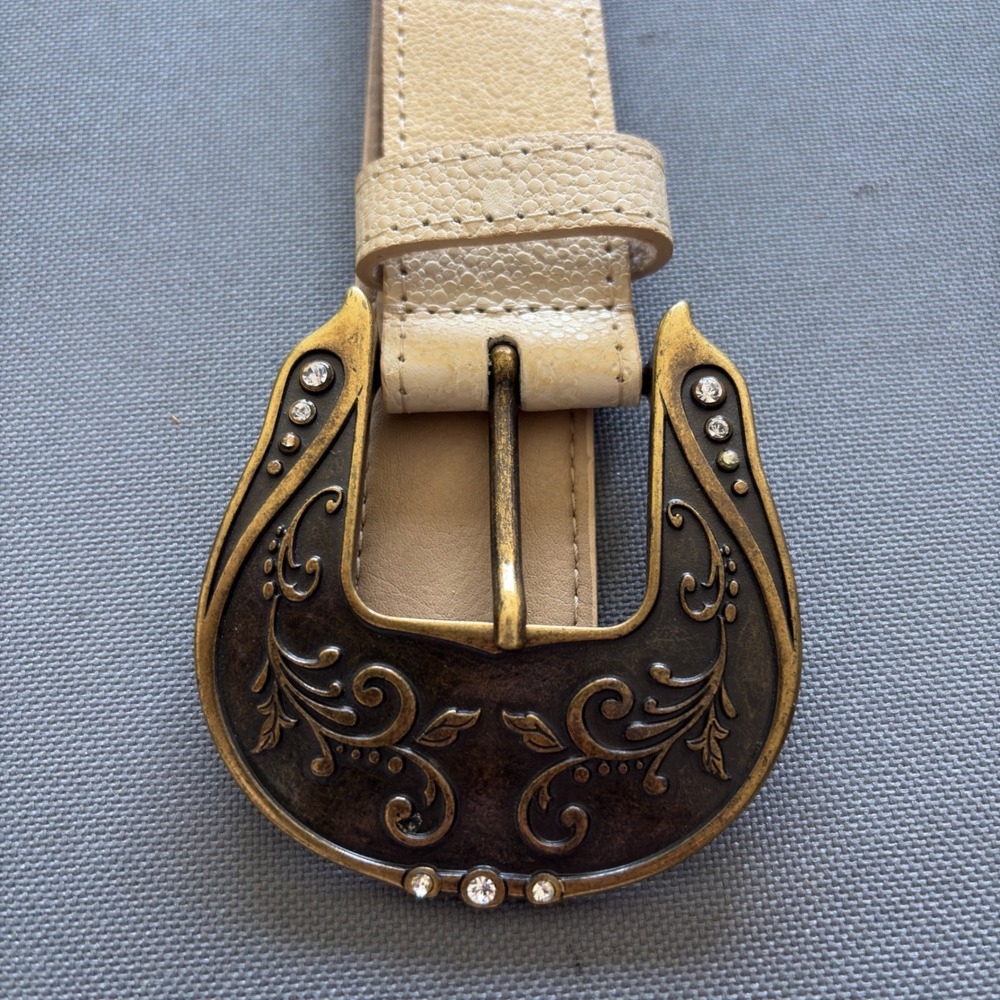 Berge Italy Cream Pebbled Leather Belt Vintage Western Ornate Rhinestone Buckle